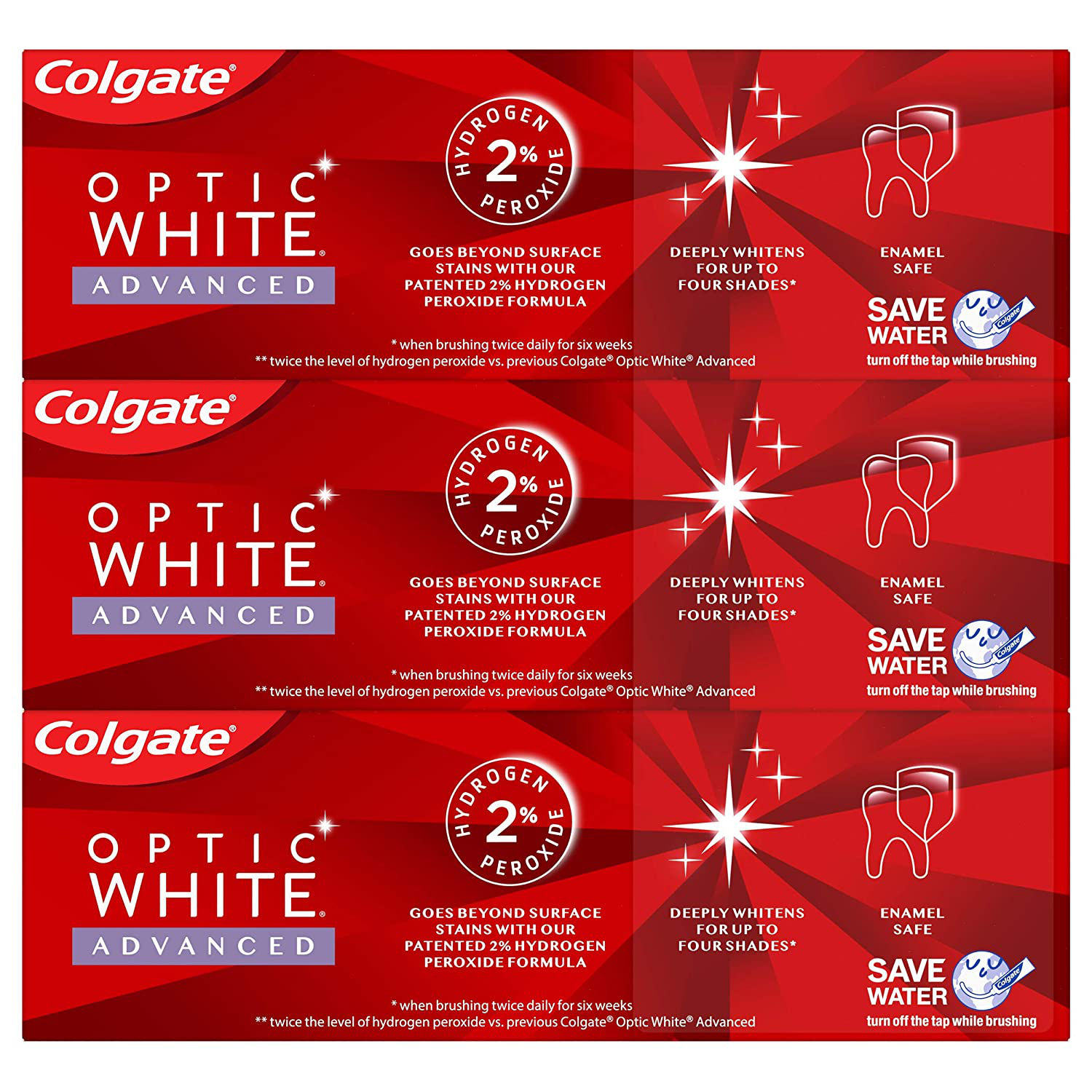 Colgate Optic White Advanced Teeth Whitening Toothpaste with Fluoride, 2% Hydrogen Peroxide, Sparkling White - 3.2 Ounce (3 Pack)