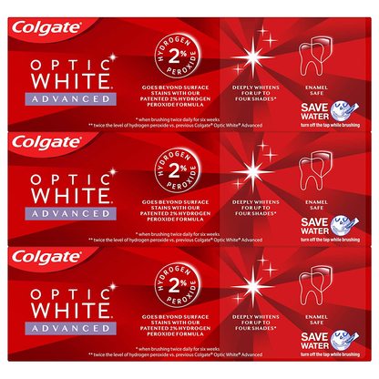 Colgate Optic White Advanced Teeth Whitening Toothpaste with Fluoride, 2% Hydrogen Peroxide, Sparkling White - 3.2 Ounce (3 Pack)