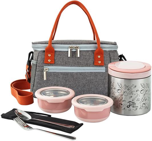 Lille Home Lunch Box Set, A Vacuum Insulated Bento/Snack Box Keeping Food Warm for 4-6 Hours, Two Stainless Steel Food Containers, A Lunch Bag, A Portable Cutlery Set (Green)