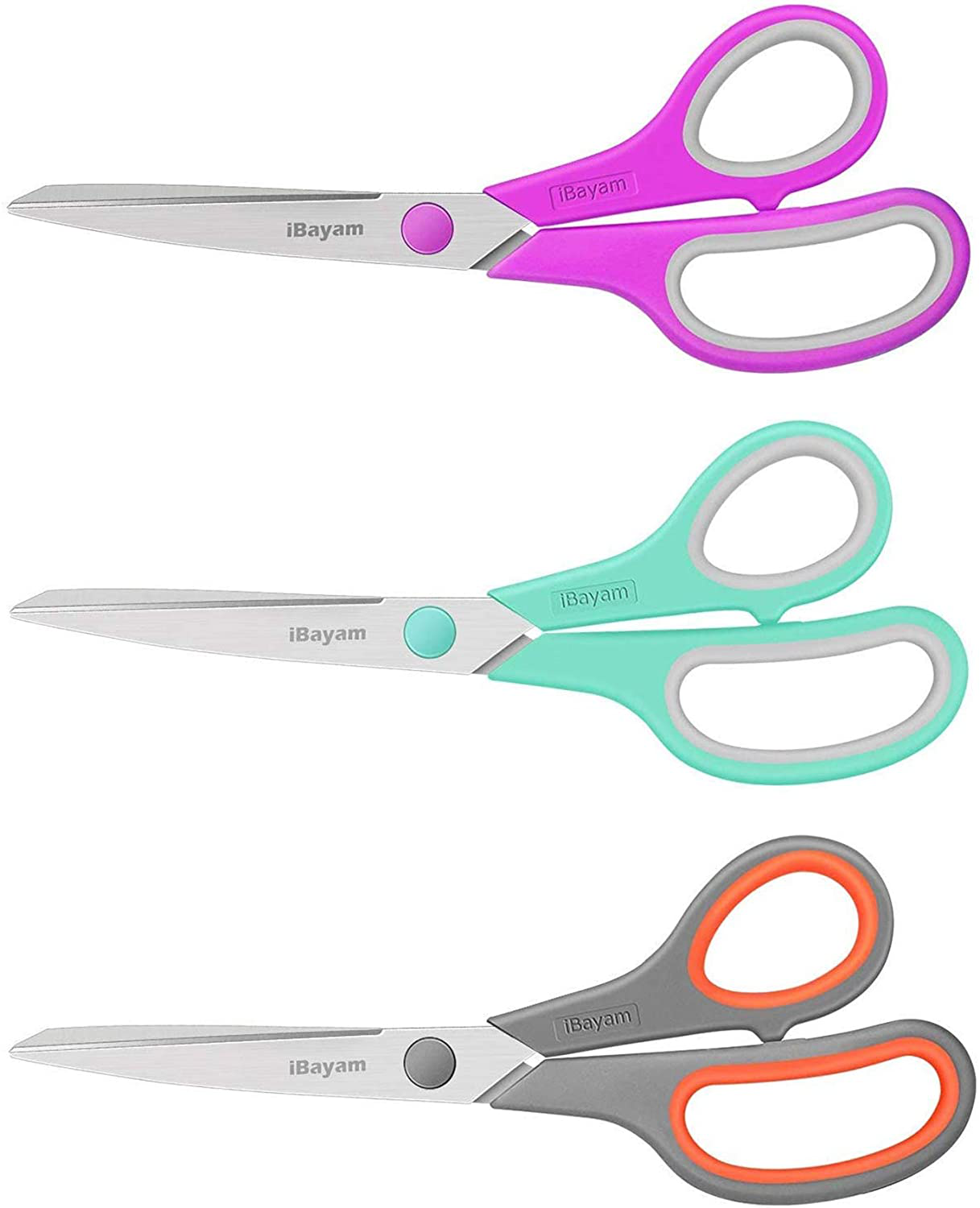 Scissors, iBayam 8" Multipurpose Scissors Bulk 3-Pack, Ultra Sharp Blade Shears, Comfort-Grip Handles, Sturdy Sharp Scissors for Office Home School Sewing Fabric Craft Supplies, Right/Left Handed
