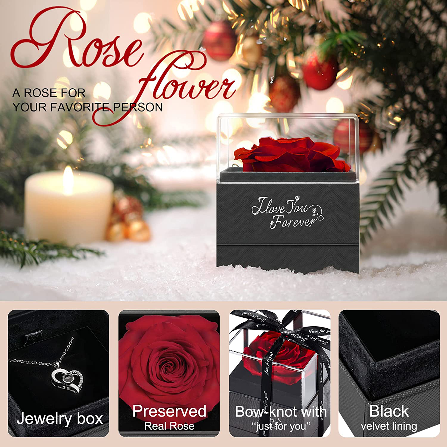 Christmas Preserved Real Red Rose with I Love You Necklace in 100 Languages -Gifts for Mom Wife Girlfriend Fiancée Her on Christmas Anniversary Mother's Day Valentine's Day Birthday Gifts for Women