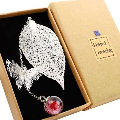 Metal Leaf Bookmark with 3D Butterfly Pendant