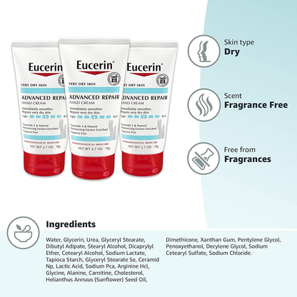 Eucerin Advanced Repair Hand Cream, Lotion for Very Dry Skin Use After Washing with Hand Soap, Fragrance Free, 8.1 Ounce (Pack of 3)