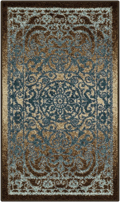 Maples Rugs Pelham Vintage Kitchen Rugs Non Skid Washable Accent Area Carpet [Made in USA], 1'8 x 2'10, Blue/Walnut