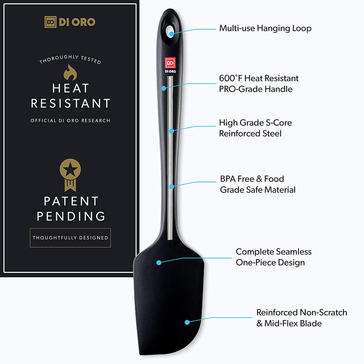DI ORO Seamless Series 3-Piece Silicone Spatula Set - 600°F Heat Resistant Non Stick Rubber Kitchen Scraper Spatulas for Cooking, Baking, and Mixing – BPA Free and LFGB Certified Silicone (Black)