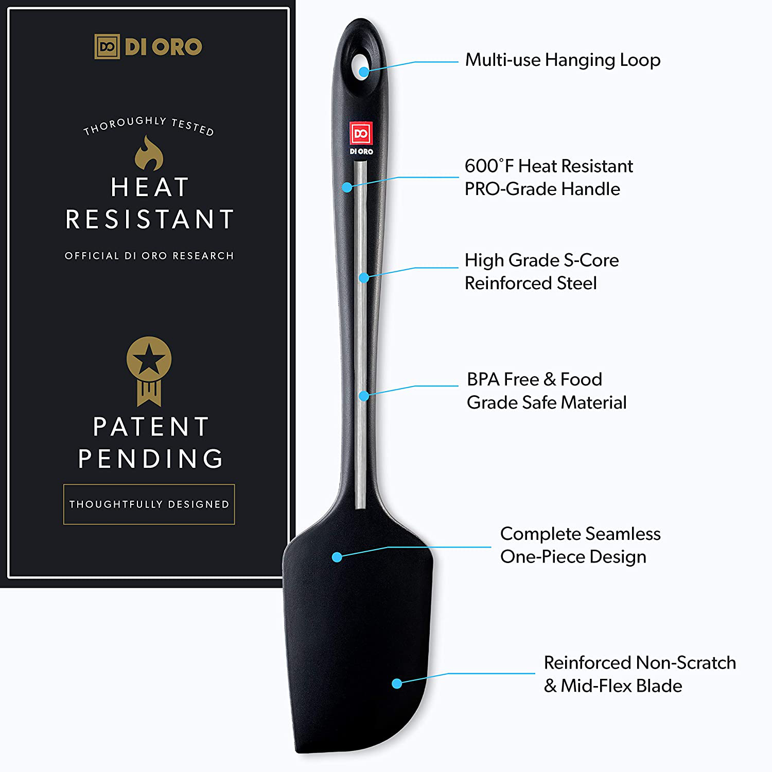 DI ORO Seamless Series 3-Piece Silicone Spatula Set - 600°F Heat Resistant Non Stick Rubber Kitchen Scraper Spatulas for Cooking, Baking, and Mixing – BPA Free and LFGB Certified Silicone (Black)