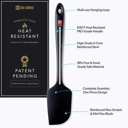 DI ORO Seamless Series 3-Piece Silicone Spatula Set - 600°F Heat Resistant Non Stick Rubber Kitchen Scraper Spatulas for Cooking, Baking, and Mixing – BPA Free and LFGB Certified Silicone (Black)
