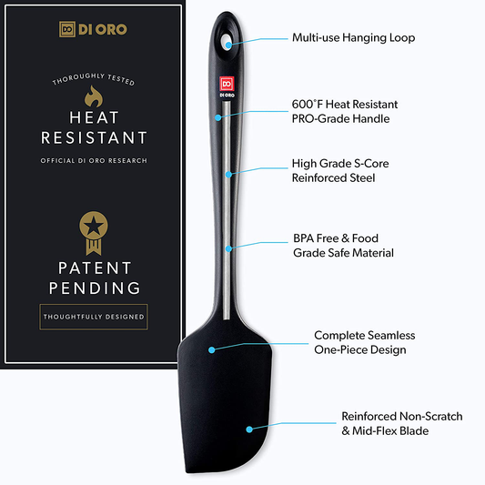 DI ORO Seamless Series 3-Piece Silicone Spatula Set - 600°F Heat Resistant Non Stick Rubber Kitchen Scraper Spatulas for Cooking, Baking, and Mixing – BPA Free and LFGB Certified Silicone (Black)