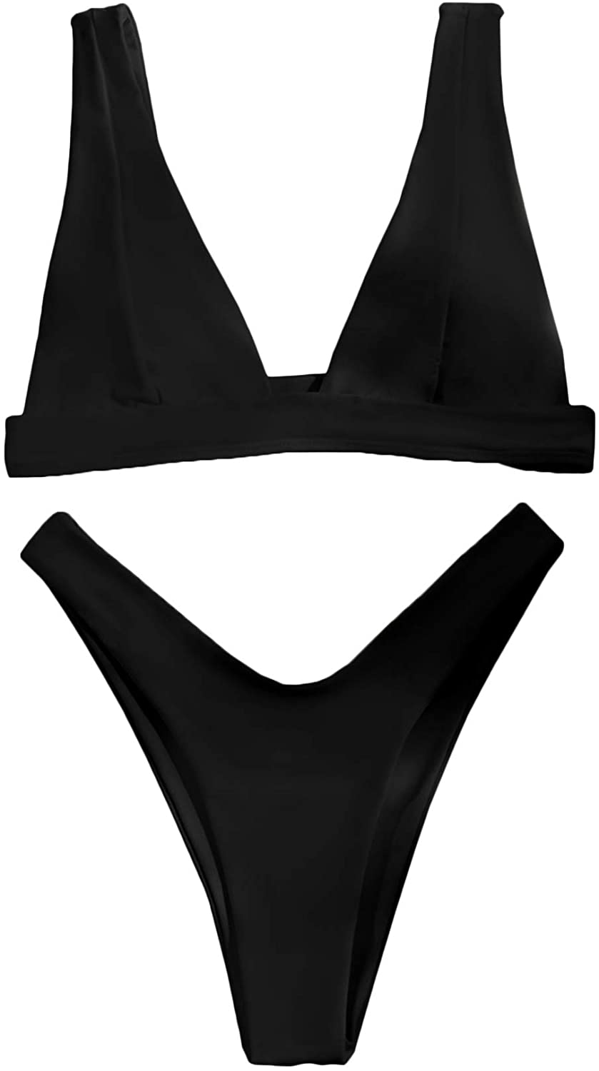 SheIn Women's Solid High Cut Thong Bikini Swimsuit Padded Plunging Bathing Suit