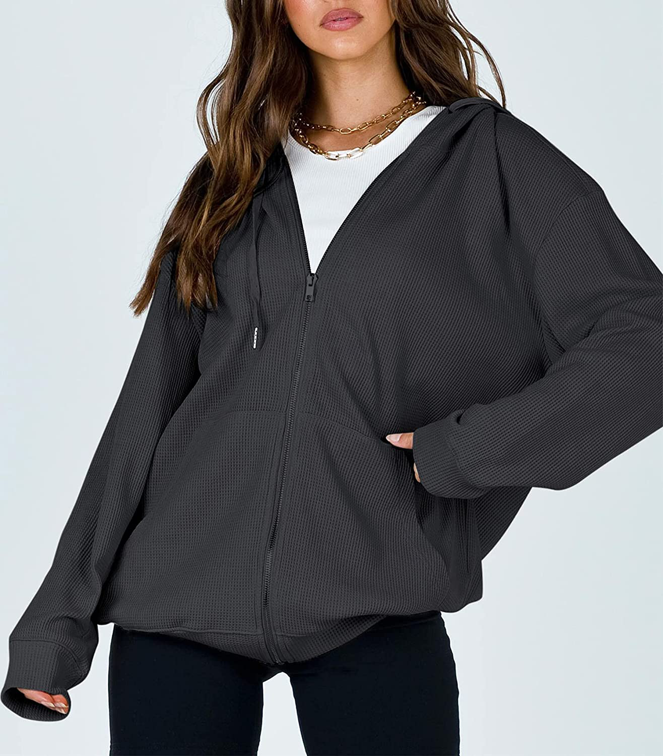 Cowasto Women's Casual Zip Up Hoodie Jacket Long Sleeve Waffle Hooded Sweatshirt With Pockets