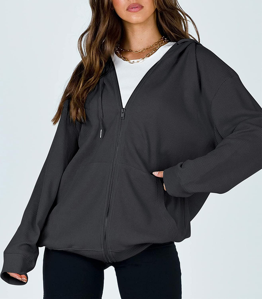 Cowasto Women's Casual Zip Up Hoodie Jacket Long Sleeve Waffle Hooded Sweatshirt With Pockets