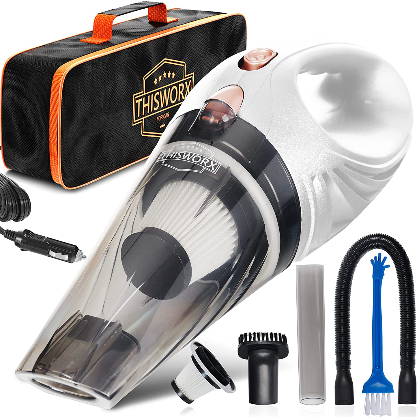 THISWORX Car Vacuum Cleaner - Portable, High Power, Handheld Vacuums w/ 3 Attachments, 16 Ft Cord & Bag - 12v, Auto Accessories Kit for Interior Detailing - Black