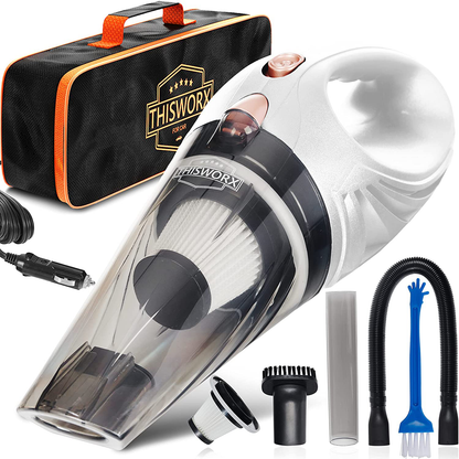 THISWORX Car Vacuum Cleaner - Portable, High Power, Handheld Vacuums w/ 3 Attachments, 16 Ft Cord & Bag - 12v, Auto Accessories Kit for Interior Detailing - Black