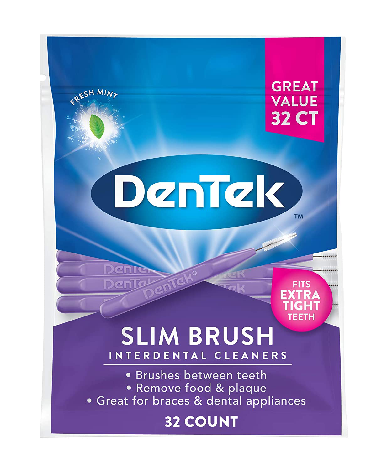 DenTek Slim Brush Interdental Cleaners | Brushes Between Teeth | Extra Tight Teeth | Mouthwash Blast Flavor | 32 Count (packaging may vary)