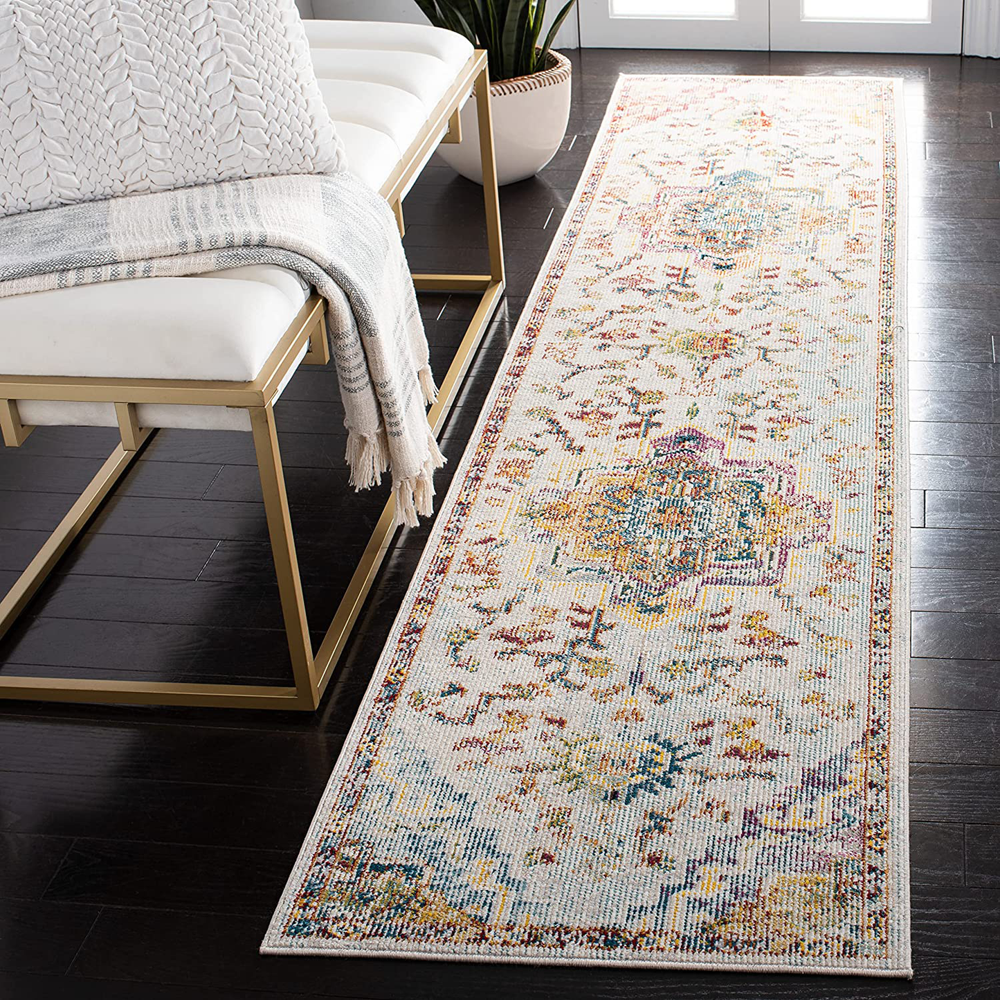 Safavieh Crystal Collection CRS501M Boho Chic Oriental Medallion Distressed Non-Shedding Stain Resistant Living Room Bedroom Runner, 2'2" x 7' , Light Blue / Grey