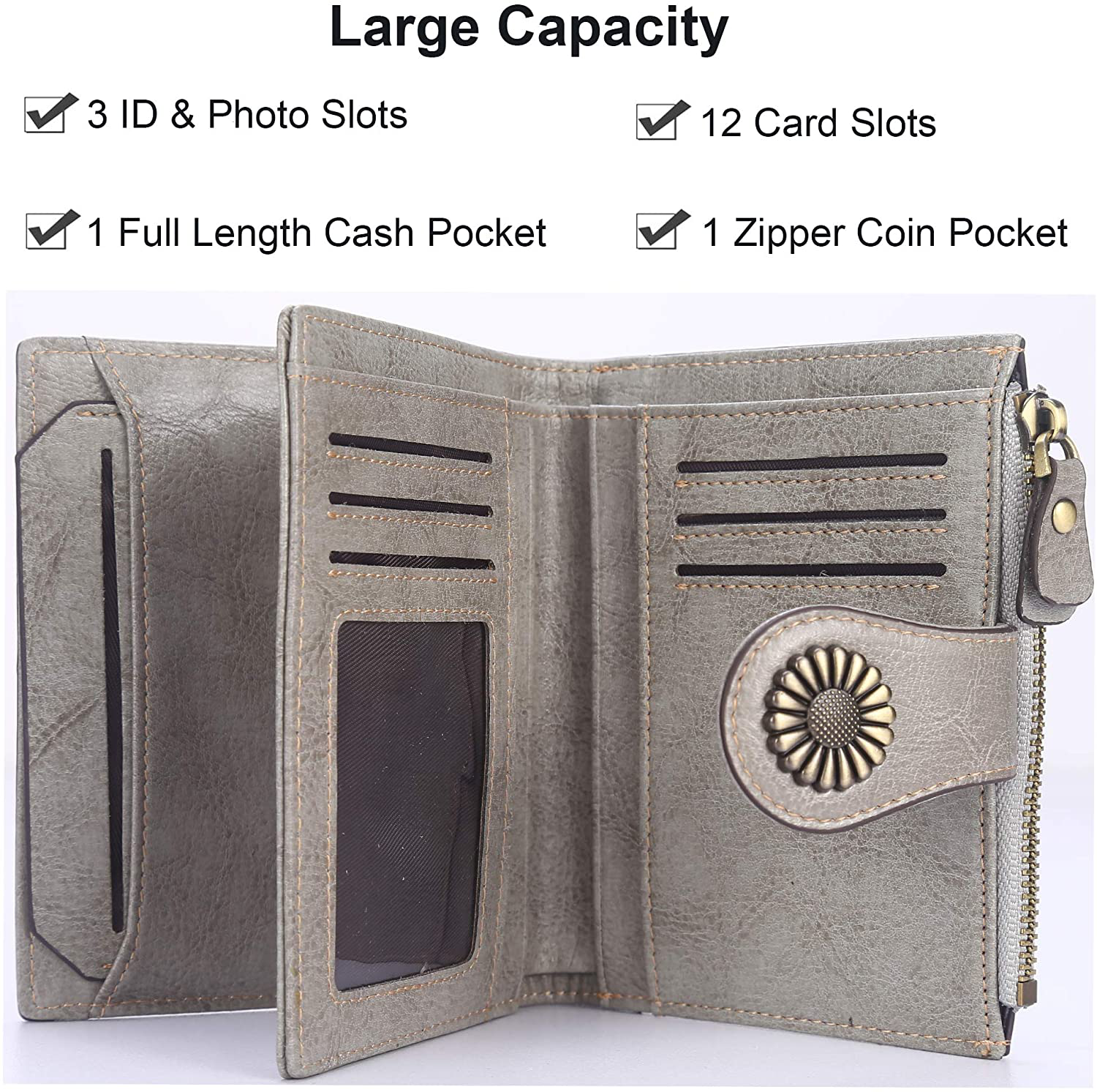 Lavemi Womens Leather Wallet RFID Blocking Small Bifold Compact Credit Card Case Purse for Women with ID Window Zipper Pocket