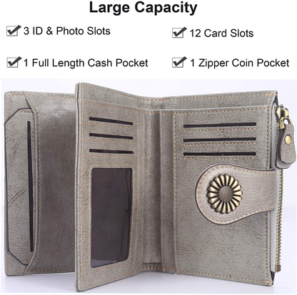 Lavemi Womens Leather Wallet RFID Blocking Small Bifold Compact Credit Card Case Purse for Women with ID Window Zipper Pocket