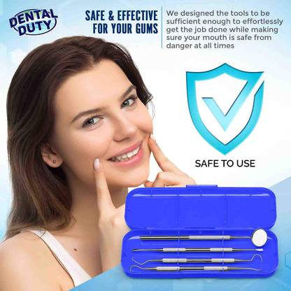 Dental Duty Hygiene Kit, Calculus and Plaque Remover Set, Stainless Steel Tarter Scraper, Tooth Pick, Dental Scaler and Mouth Mirror, Dentist Home Use Tools, Blue