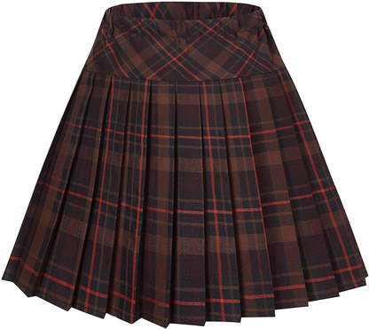 Women's Elastic Waist Plaid Pleated Skirt Tartan Skater School Uniform Mini Skirts
