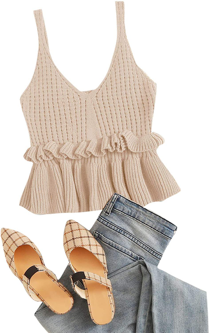SweatyRocks Women's Casual Knit Top Sleeveless Ruffle Hem V Neck Peplum Crop Tank Top