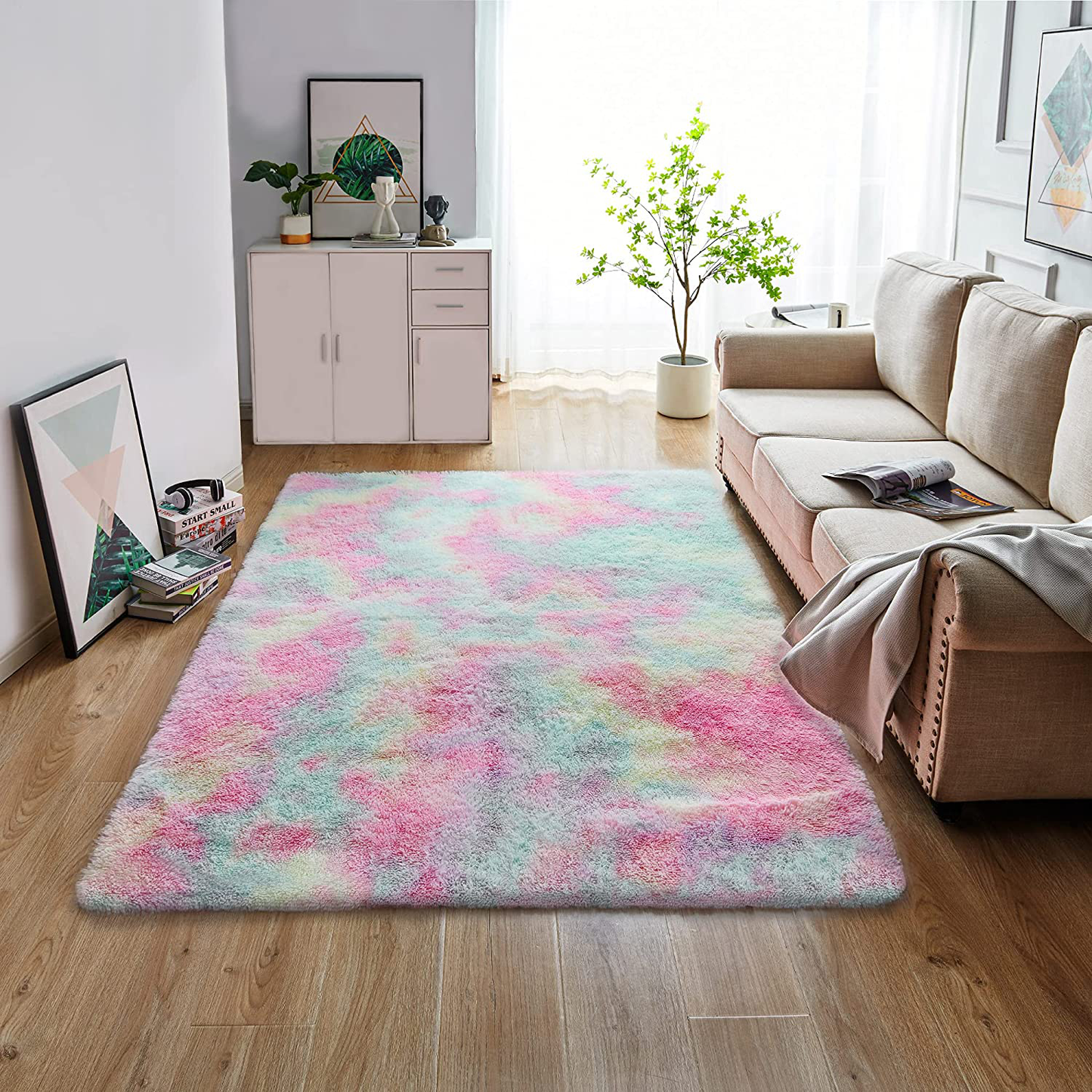 GKLUCKIN Shag Ultra Soft Area Rug, Fluffy 3'X5' Tie-Dyed Grey&Blue Plush Indoor Fuzzy Faux Fur Rugs Non-Skid Furry Carpet for Living Room Bedroom Nursery Kids Playroom Decor1