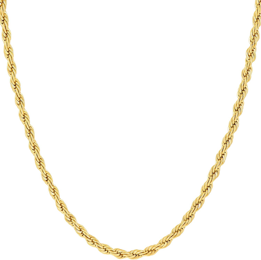 2mm Rope Chain Necklace 24k Real Gold Plated for Women and Men