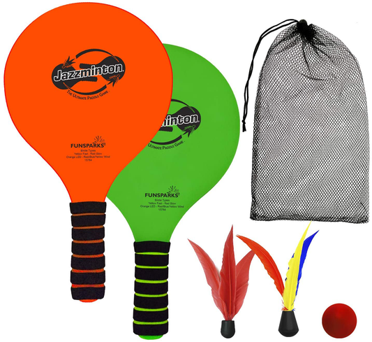 Funsparks Paddle Ball Game Jazzminton Beach for Family and Friends – 2 Paddles, 2 Birdies, 1 Ball and Carry Bag – Wind Birdie Included for Windy Days – Racquet Game for All Ages