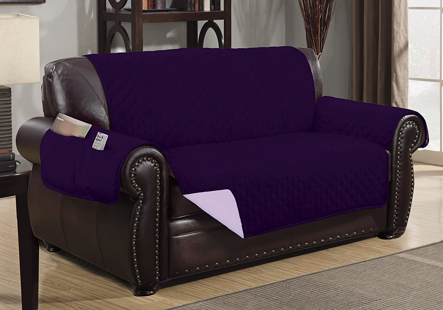 Reversible Quilted Furniture Protector Slipcover - 2 Pockets for Magazines, Newspapers, Remotes - Machine Washable 