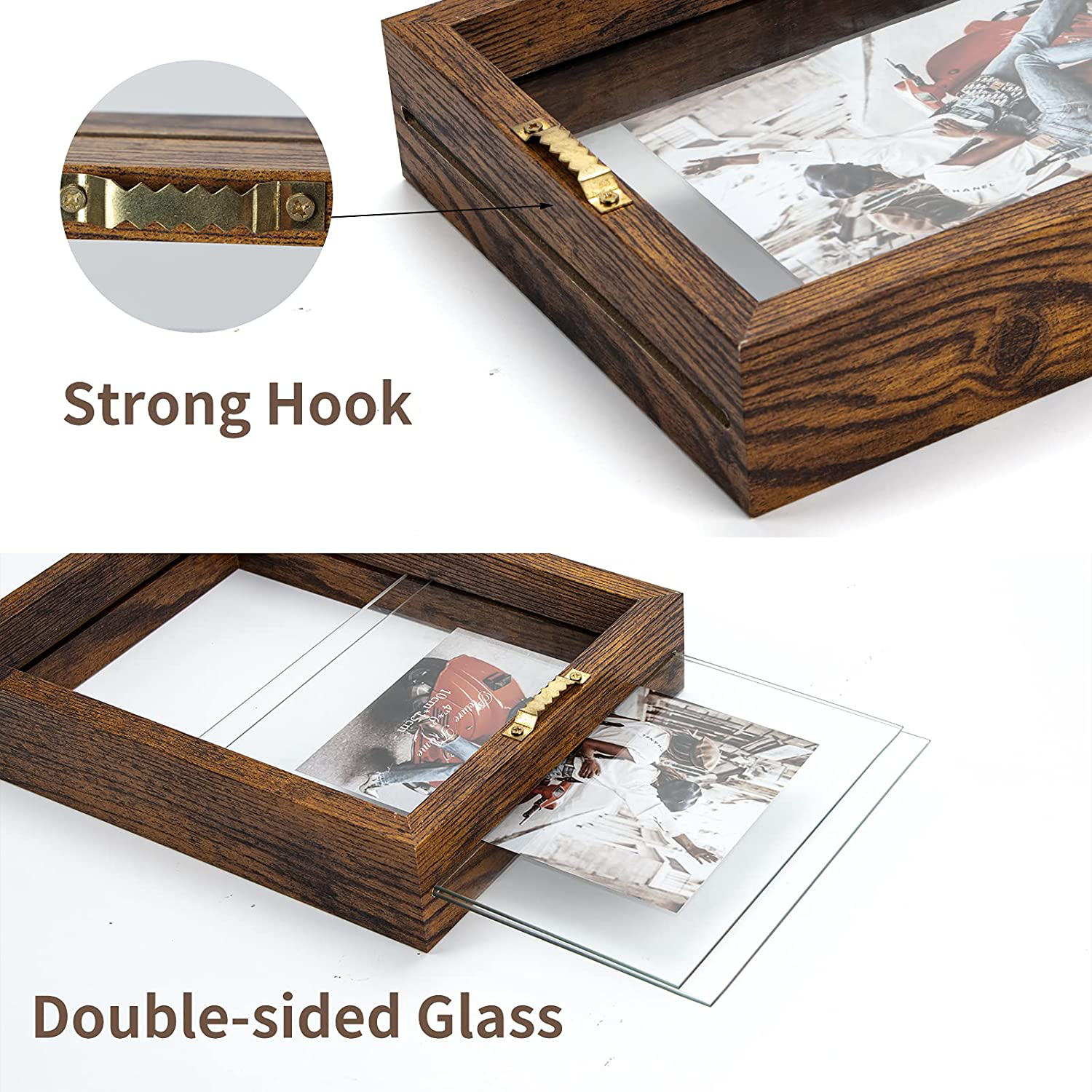 WIFTREY 2 Pack 4x6 Floating Picture Frames, Double Glass Rustic Photo Frame for Wall Hanging or Tabletop Standing, Displays Photo up to 6x8, Brown