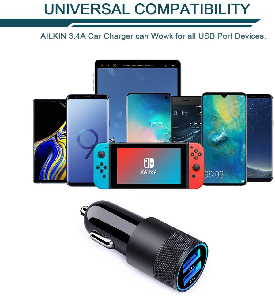 Car Charger, [2Pack] 3.4a Fast Charge Dual Port USB Cargador Carro Lighter Adapter for iPhone X XR XS Max 8 Plus 7s 6s 12 11 Pro Max, iPad, Samsung Galaxy S21+ S10 Plus S7 j7 S10e S9 Note 8, LG, GPS