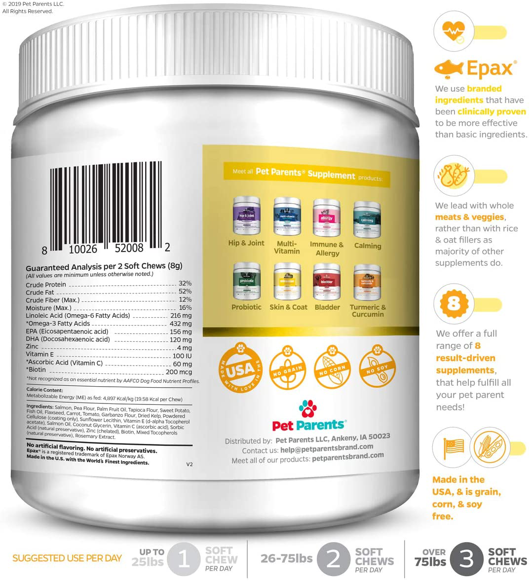 Pet Parents USA Omega 3 for Dogs 4g 90c - Dog Skin Care & Fur Vitamins for Dogs, Skin Supplement for Dogs, Omega Dog Treats, EPA & Dog DHA, Anti Itch Dog, Dog Itch Relief, Epax + Salmon Oil for Dogs