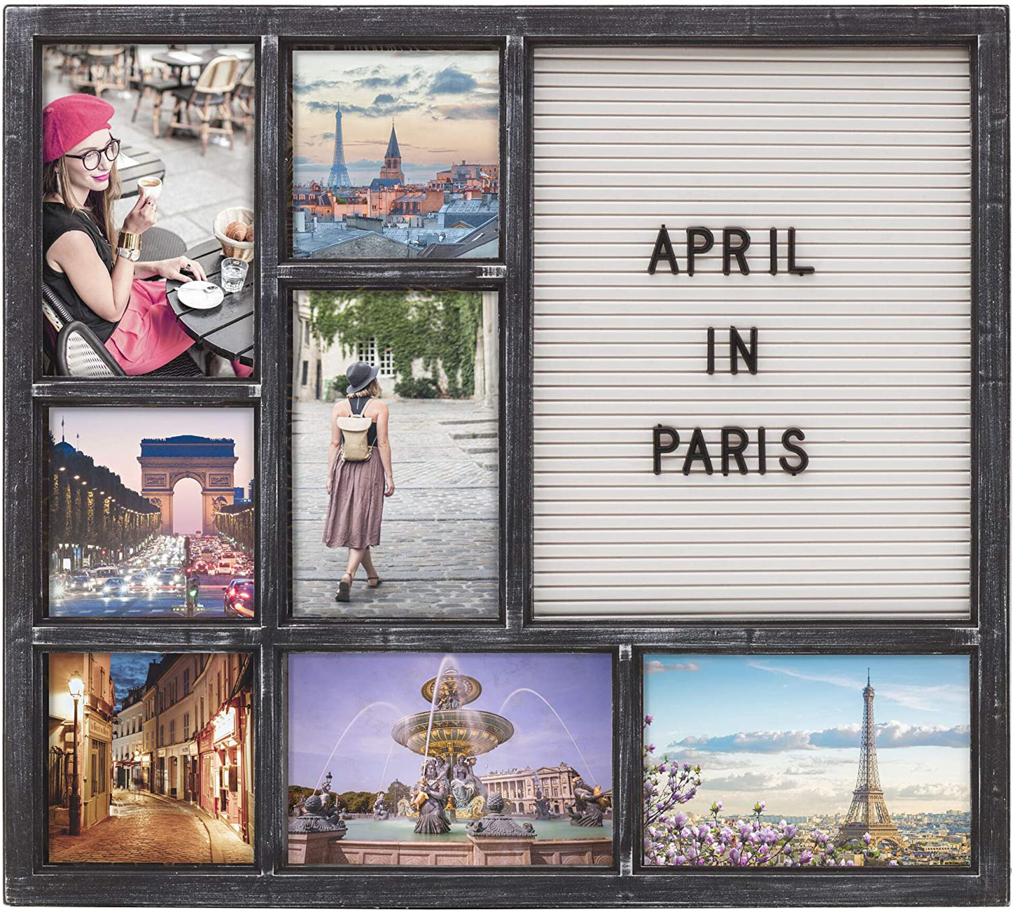 Melannco Customizable Letterboard 8-Opening Photo Collage, 19 x 17 inch,Distressed Black