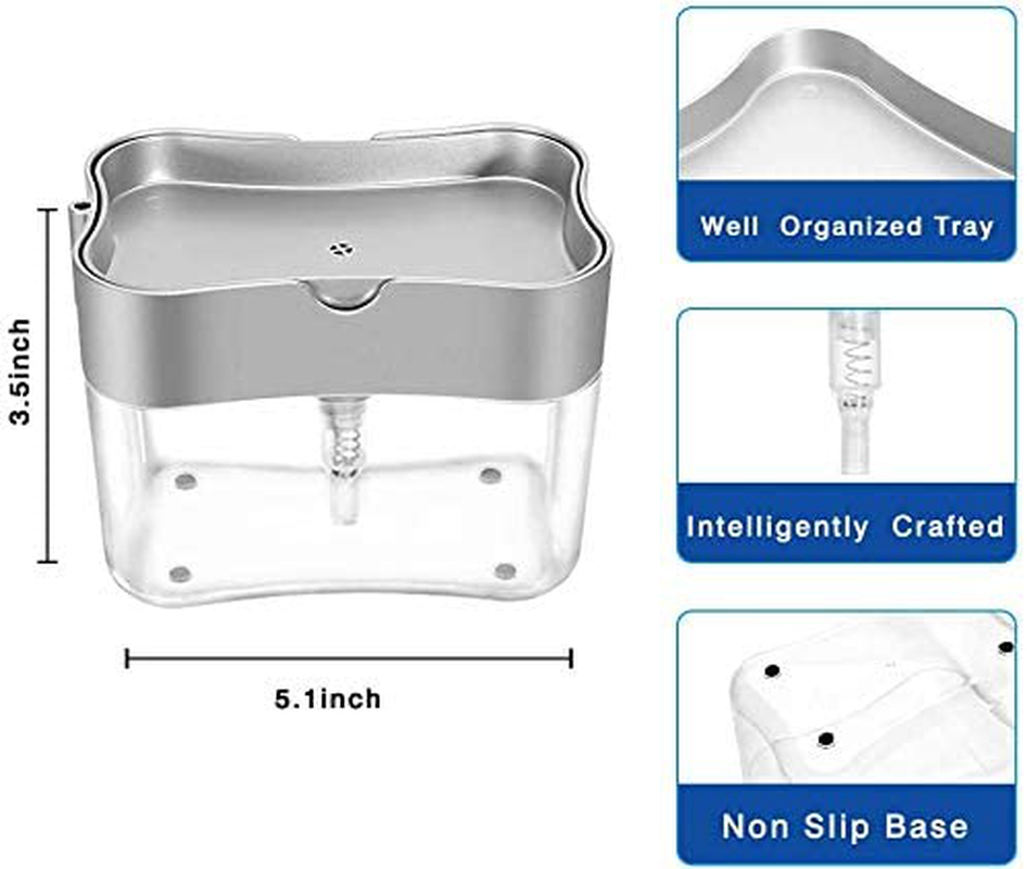 Aeakey Soap Dispenser,Dish Soap Dispenser for Kitchen,Sponge Holder Sink Dish Washing Soap Dispenser 13 Ounces (Silver)
