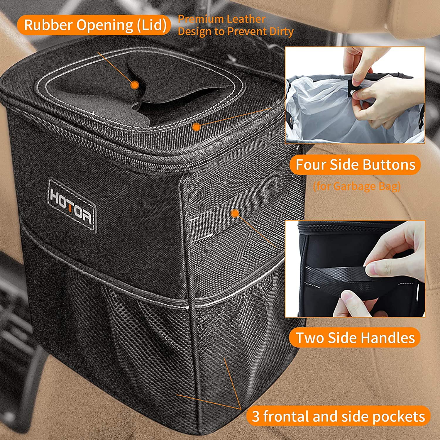 HOTOR Car Trash Can with Lid and Storage Pockets, 100% Leak-Proof Car Organizer, Waterproof Car Garbage Can, Multipurpose Trash Bin for Car - Black