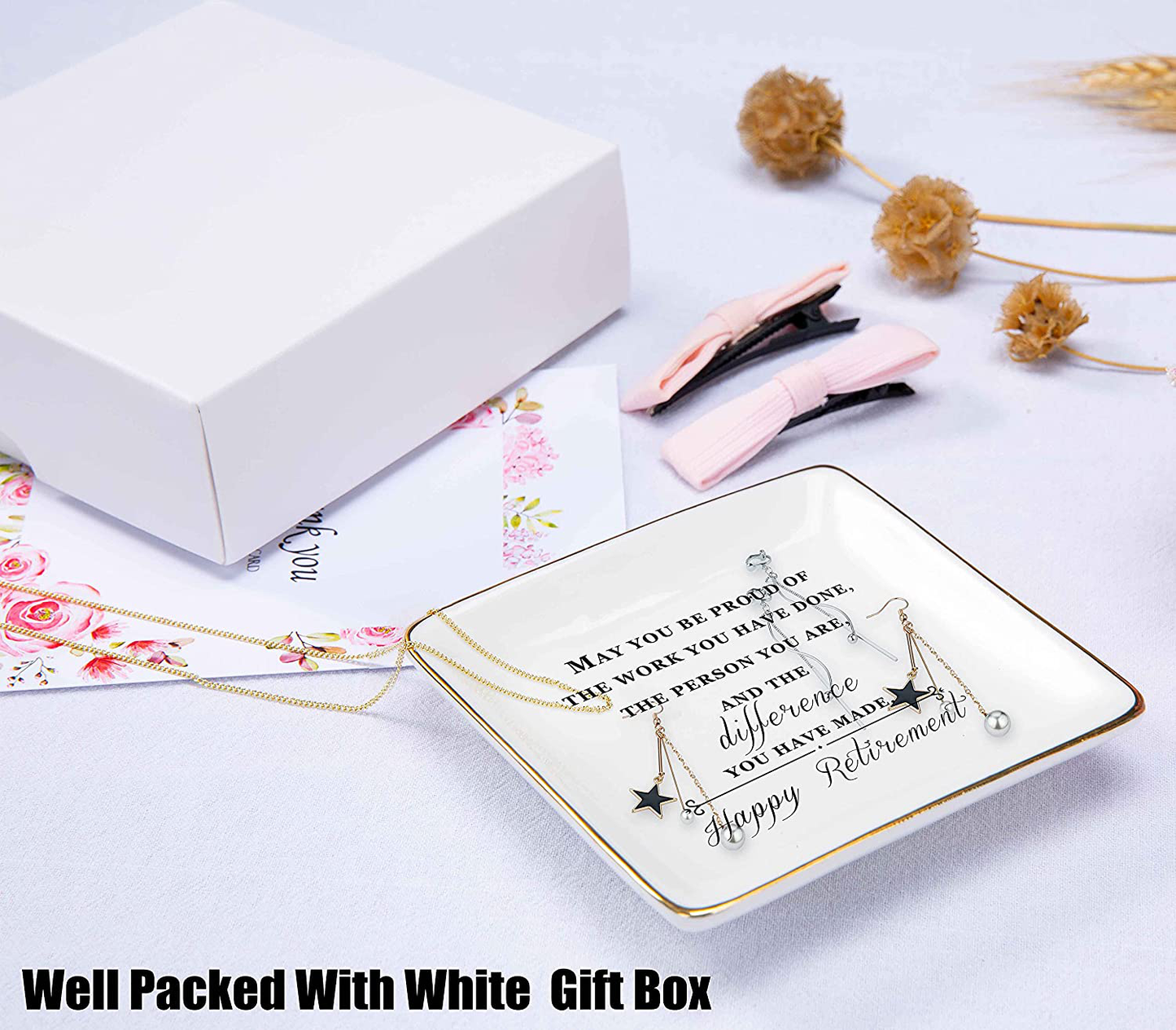 Happy Retirement Gifts for Women – Ceramic Jewelry Holder Ring Dish Trinket Tray – Retirement Appreciation Gift -Gift for Mom Boss Co-workers, Teachers,Nurse,Friends,Wife,Sister