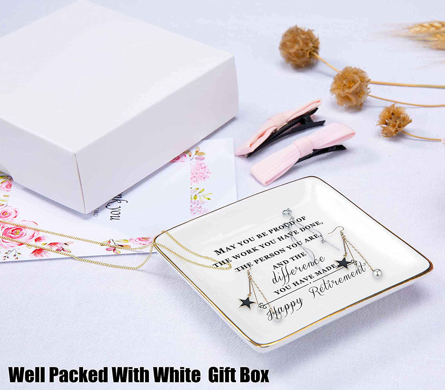 Happy Retirement Gifts for Women – Ceramic Jewelry Holder Ring Dish Trinket Tray – Retirement Appreciation Gift -Gift for Mom Boss Co-workers, Teachers,Nurse,Friends,Wife,Sister