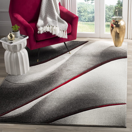 Safavieh Hollywood Collection HLW712K Mid-Century Modern Non-Shedding Stain Resistant Living Room Bedroom Area Rug, 4' x 4' Square, Grey / Red