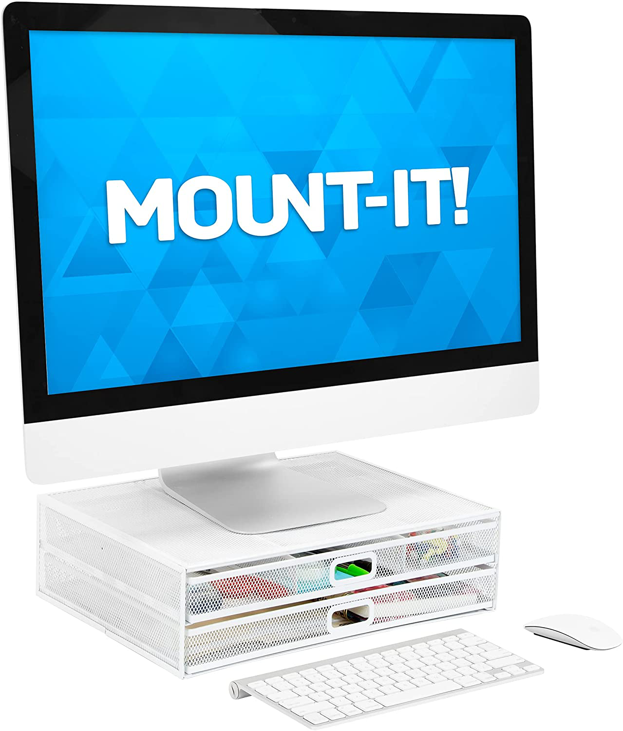 MOUNT-IT! Mesh Computer Monitor Stand Riser [Metal] Desk Organizer with Two Pullout Storage Drawers for Desktop, Laptop, and Printer Accessories and Office Supplies (White)