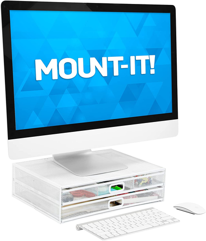 MOUNT-IT! Mesh Computer Monitor Stand Riser [Metal] Desk Organizer with Two Pullout Storage Drawers for Desktop, Laptop, and Printer Accessories and Office Supplies (White)