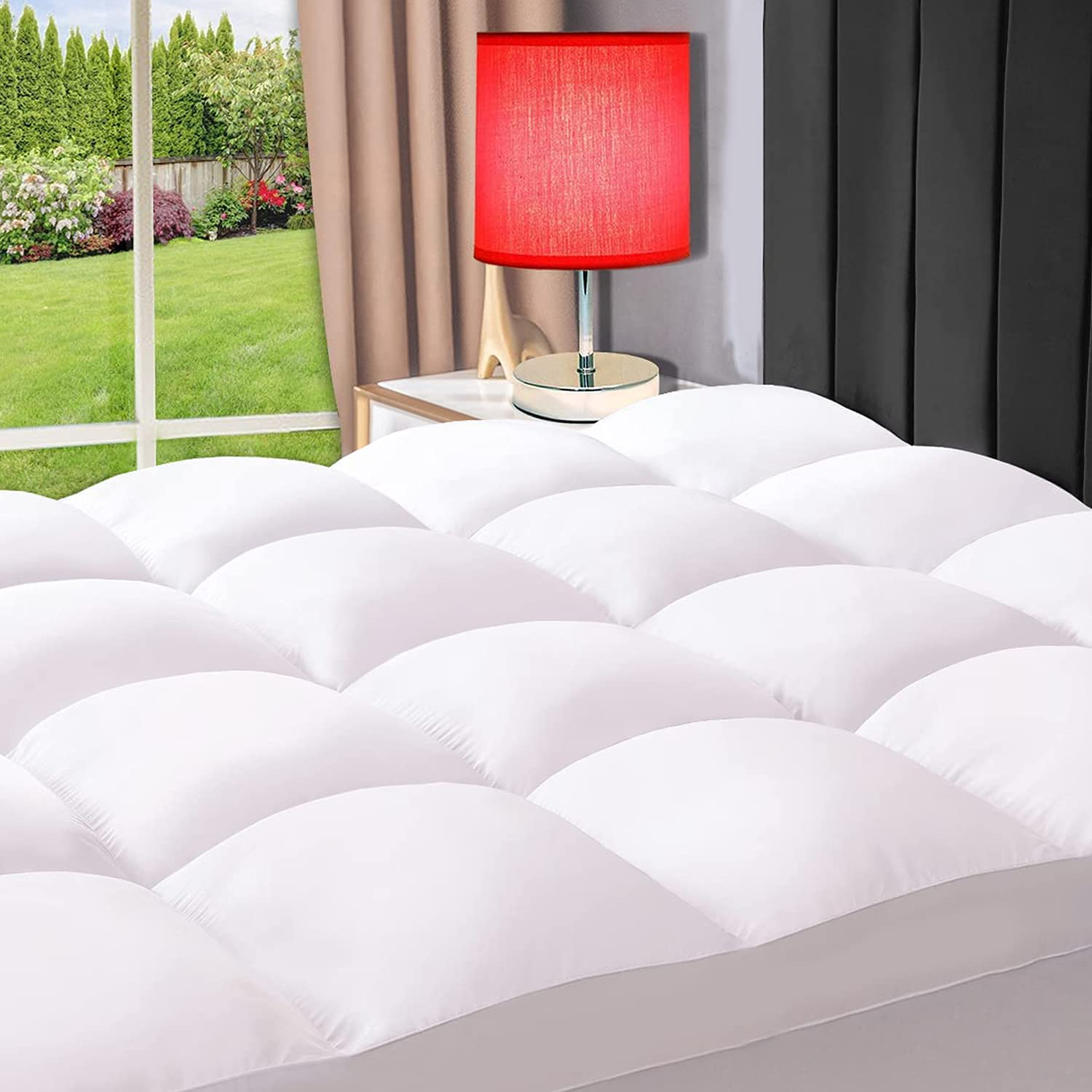 ELEMUSE Queen White Cooling Mattress Topper for Back Pain, Extra Thick Mattress pad Cover, Plush Soft Pillowtop with Elastic Deep Pocket, Overfilled Down Alternative Filling