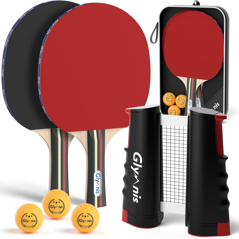 Glymnis Ping Pong Paddles Set Table Tennis Rackets with Balls, Storage Case for Indoor Outdoor Table Tennis Paddle Game Accessories