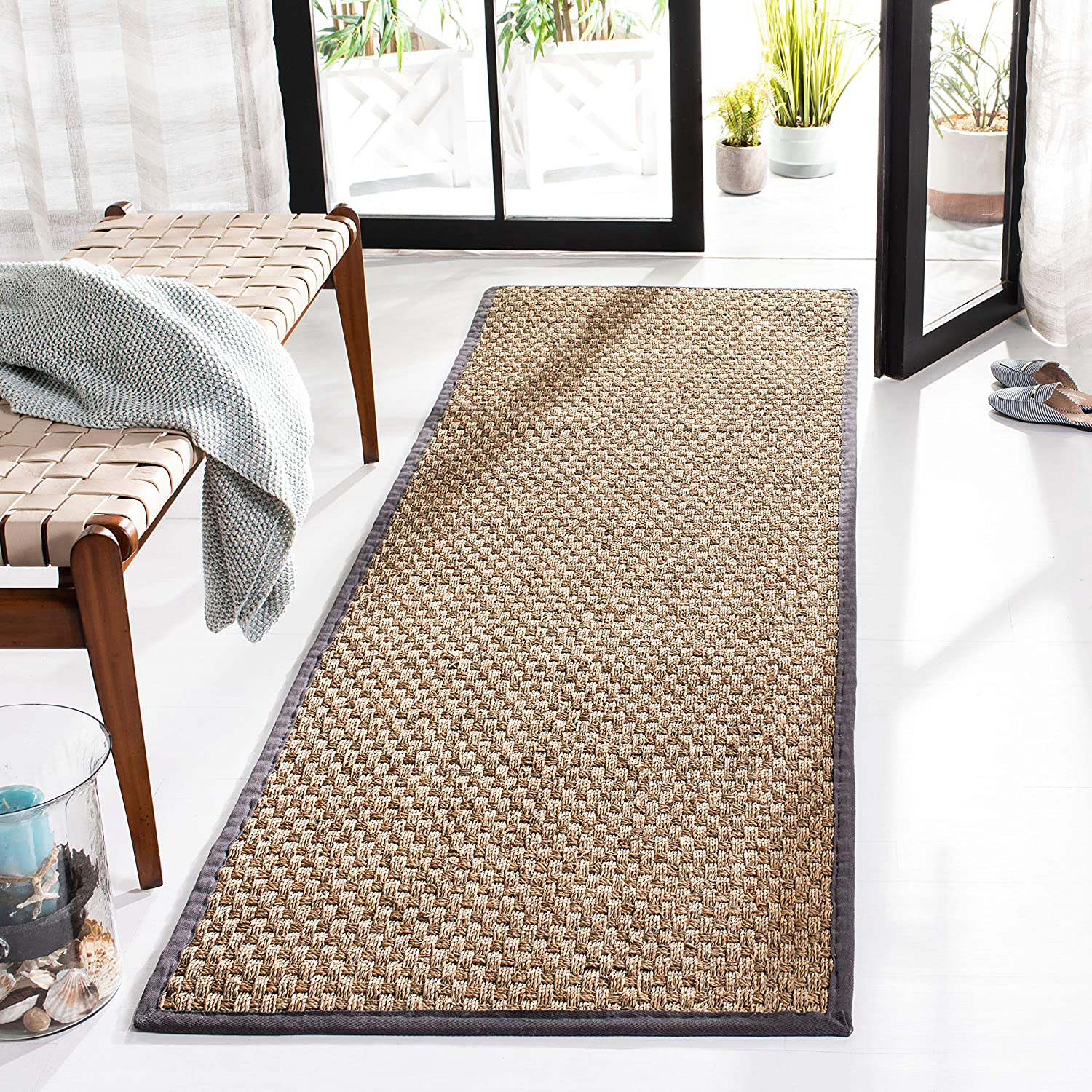 Safavieh Natural Fiber Collection NF114Q Border Basketweave Seagrass Runner, 2'6" x 6' , Dark Grey
