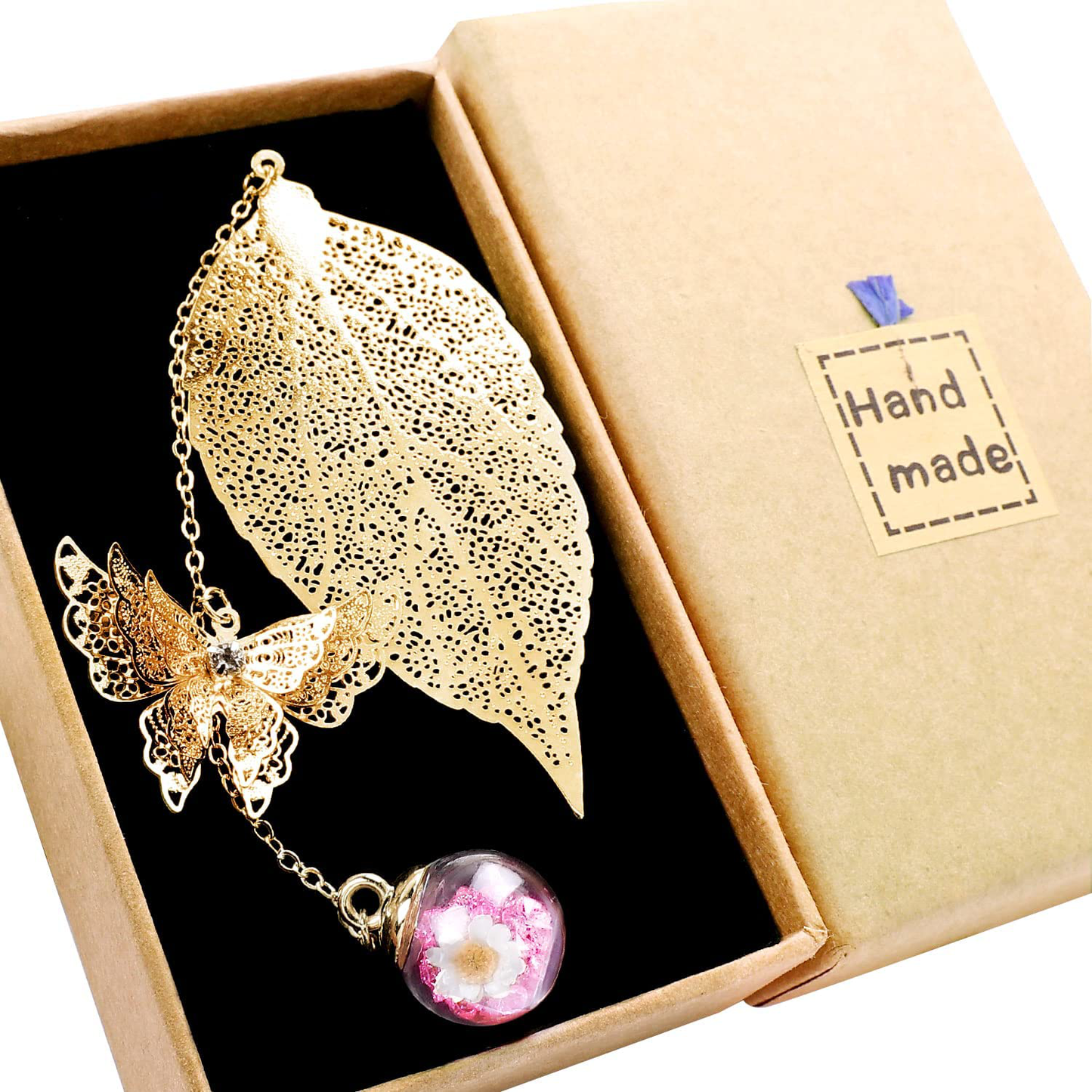 Metal Leaf Bookmark with 3D Butterfly Pendant