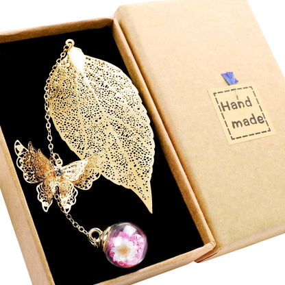 Metal Leaf Bookmark with 3D Butterfly Pendant