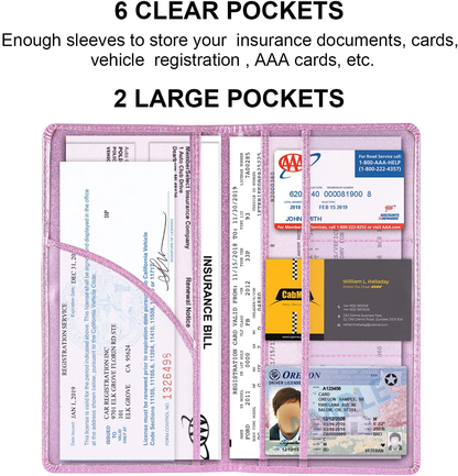 Car Registration and Insurance Holder, Vehicle Glove Box Car Organizer Men Women Wallet Accessories Case with Magnetic Shut for Cards, Essential Document, Driver License by Cacturism, Bling Pink