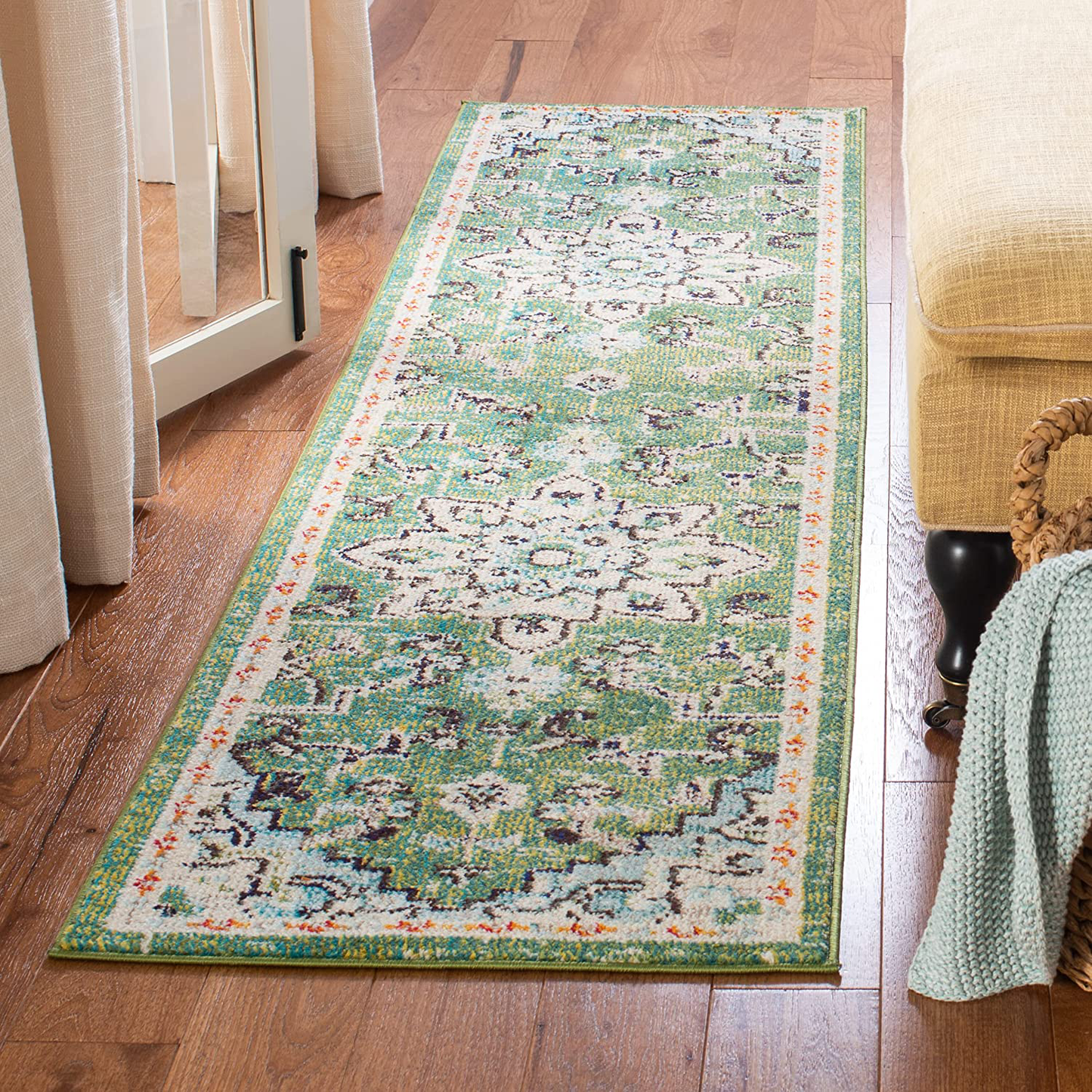 Safavieh Madison Collection MAD473Y Boho Chic Medallion Distressed Non-Shedding Stain Resistant Living Room Bedroom Runner, 2'2" x 6' , Green / Turquoise
