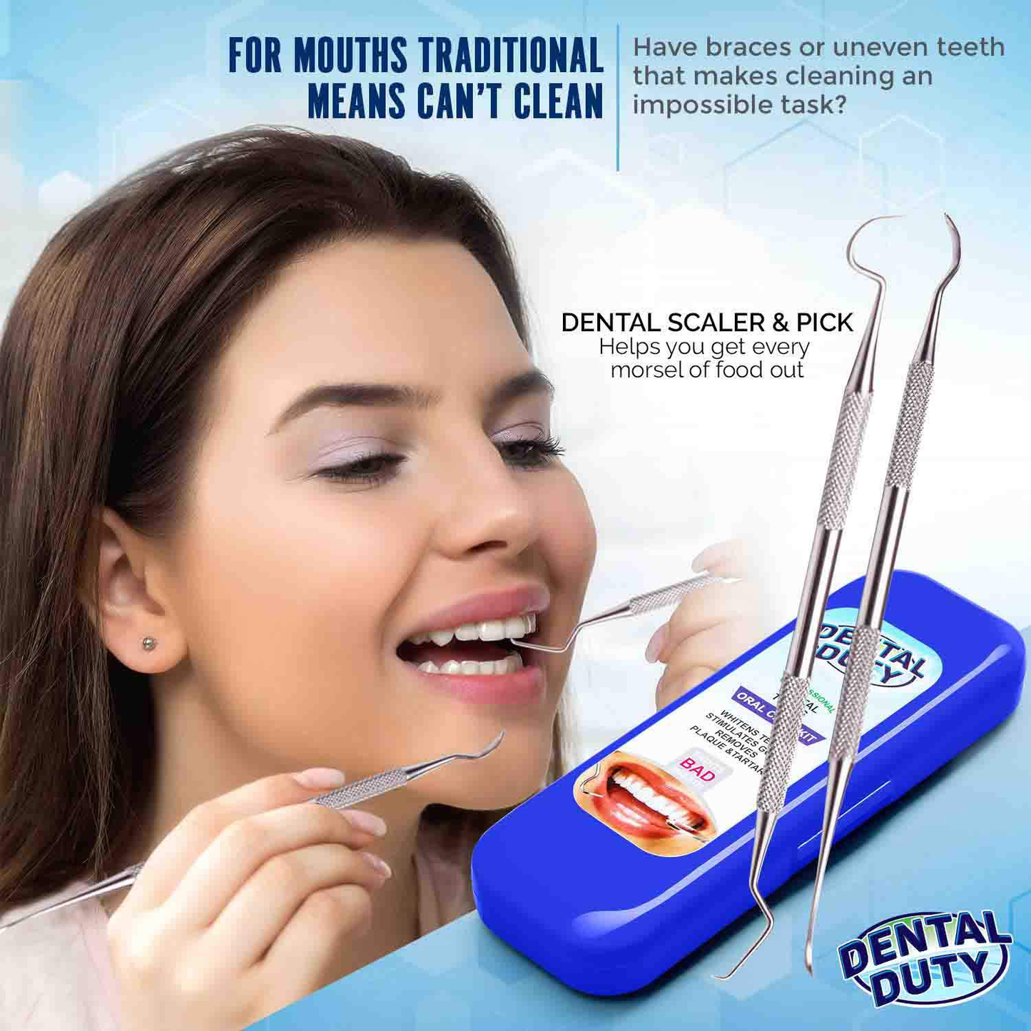Dental Duty Hygiene Kit, Calculus and Plaque Remover Set, Stainless Steel Tarter Scraper, Tooth Pick, Dental Scaler and Mouth Mirror, Dentist Home Use Tools, Blue