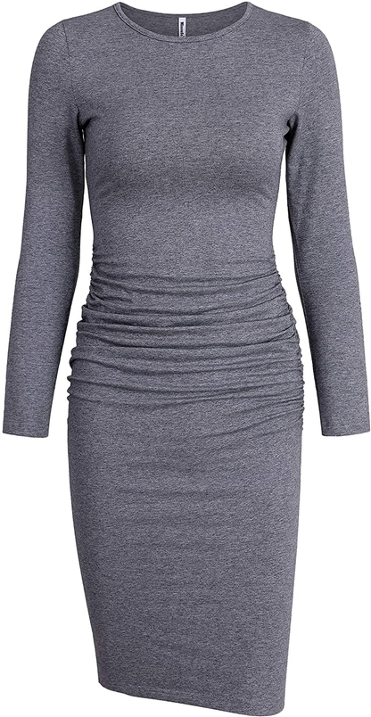 Missufe Women's Long Sleeve Ruched Casual Sundress Midi Bodycon Sheath Dress