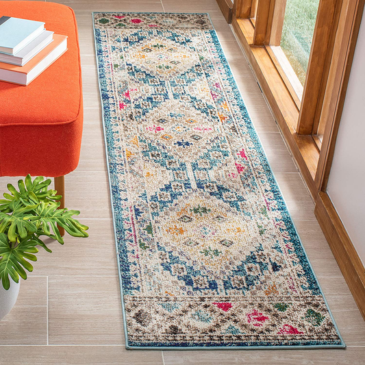Safavieh Madison Collection MAD418N Boho Diamond Distressed Non-Shedding Stain Resistant Living Room Bedroom Runner, 2'2" x 12' , Dark Blue / Yellow