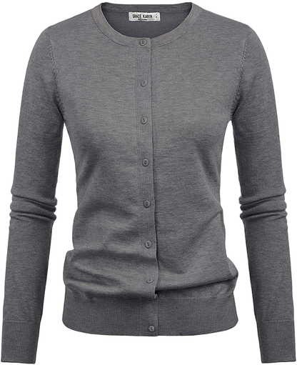GRACE KARIN Women's Long Sleeve Button Down Crew Neck Classic Sweater Knit Cardigan